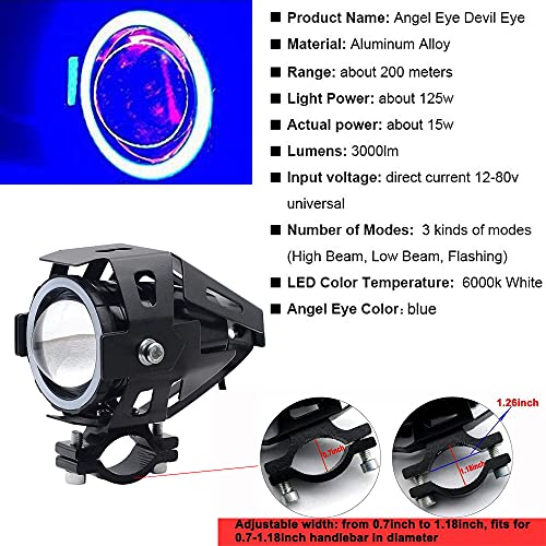 2pcs Bright 3000LM 125W LED Motorcycle Headlight With Demon Angel Blue Eyes auxiliary Work Light Spotlight Driving Fog Spot Lamp Universal for Car Offroad ATV Truck + 2pcs Switch