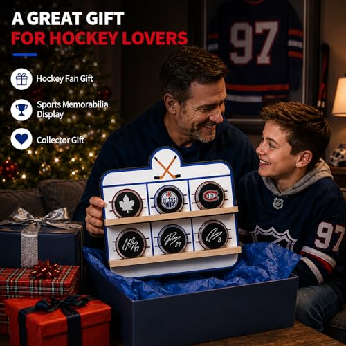 Hockey Puck Display Case，6 Pack Acrylic Clear Box Holder with Wooden Base Ice Hockey Rink Designed , Showcase for Autographed Memorabilia - size: 15.7ln×13.3ln×2.7ln