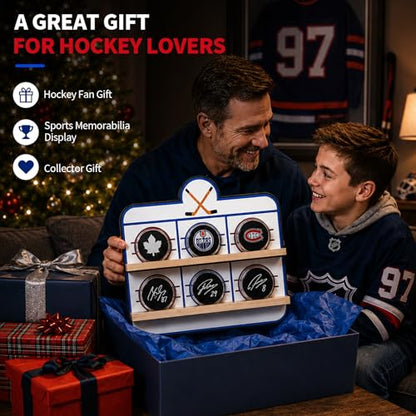 Hockey Puck Display Case，6 Pack Acrylic Clear Box Holder with Wooden Base Ice Hockey Rink Designed , Showcase for Autographed Memorabilia - size: 15.7ln×13.3ln×2.7ln