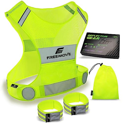 FREEMOVE Reflective Vest - Running Gear + 2 Bands & Bag/Ultralight & Comfy Safety Vests for Running, Walking, Cycling - size: Medium
