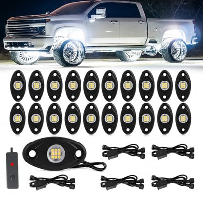 20pods White Rock Lights Dc 12v-80v 6000k Aluminum Alloy Pure White Led Rock Lights with Switch Wiring Harness Kit Ip68 Waterproof for Trucks Pickup Offroad Car SUV Utv ATV Rv Fends Underglow Lights - color: White-20Pcs + Switch Wiring Harness