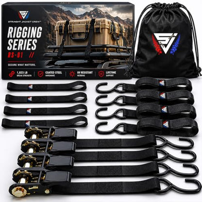 Ratchet Tie Down Straps (4 Pack) - 1,823lb Max Break Strength incl. (4) Heavy Duty 1" x 15' Rachet Tie Downs with Hooks & Handles Best for Moving Securing Cargo by Straight Jacket Crew (Black) - color: Black, size: 1" x 15'