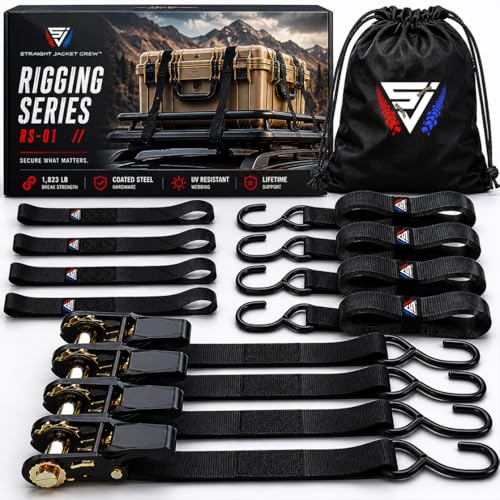 Ratchet Tie Down Straps (4 Pack) - 1,823lb Max Break Strength incl. (4) Heavy Duty 1" x 15' Rachet Tie Downs with Hooks & Handles Best for Moving Securing Cargo by Straight Jacket Crew (Black) - color: Black, size: 1" x 15'