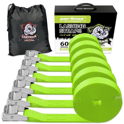 Cartman 1" x 12'Lashing Straps Cargo Tie-Down Strap Up to 600lbs, 6pk in Carry Bag, Green - color: Green, size: 6 PK