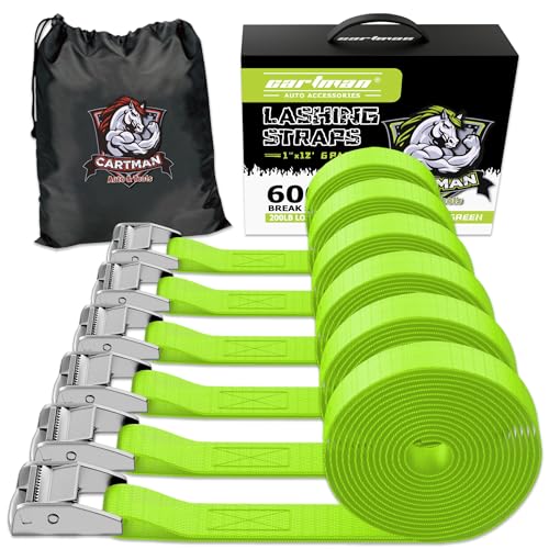 Cartman 1" x 12'Lashing Straps Cargo Tie-Down Strap Up to 600lbs, 6pk in Carry Bag, Green - color: Green, size: 6 PK