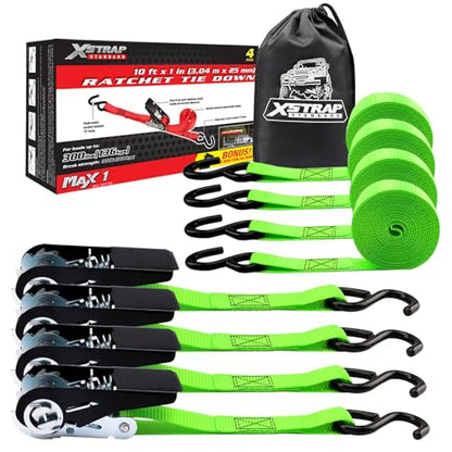 XSTRAP STANDARD Ratchet Tie Down Straps 4 Pk 10 Ft- 300 Lbs Load Cap- 900 Lbs Break Strength-Cargo Straps for UTV, ATV, Pickup,Truck, Moving Appliances, Lawn Equipment, Neon Green - color: Green, size: 4pk 1inchx10ft