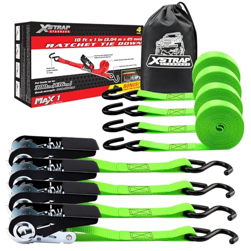 XSTRAP STANDARD Ratchet Tie Down Straps 4 Pk 10 Ft- 300 Lbs Load Cap- 900 Lbs Break Strength-Cargo Straps for UTV, ATV, Pickup,Truck, Moving Appliances, Lawn Equipment, Neon Green - color: Green, size: 4pk 1inchx10ft