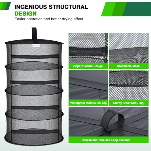 Yesker 4 Layer Herb Drying Rack Hanging Mesh Net Foldable Plant Drying Racks 18" Diameter with Black Zipper & Hook Dryer Hanging Rack for Herbs Seed Bud Fruit Clothes Grow Tent Closets Garden Outdoor - size: 4 Layers Black with Hook