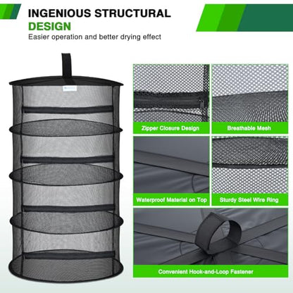 Yesker 4 Layer Herb Drying Rack Hanging Mesh Net Foldable Plant Drying Racks 18" Diameter with Black Zipper & Hook Dryer Hanging Rack for Herbs Seed Bud Fruit Clothes Grow Tent Closets Garden Outdoor - size: 4 Layers Black with Hook