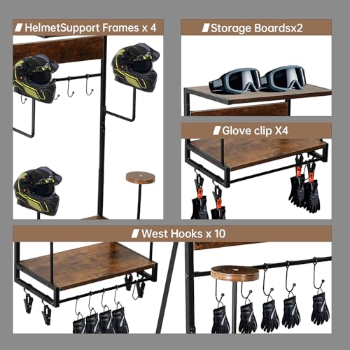 Motorcycle Helmet Rack, Wall Mount with 4 Glove Chips, 10 Hooks and Rustic Finish for Multiple Helmets and Clothes