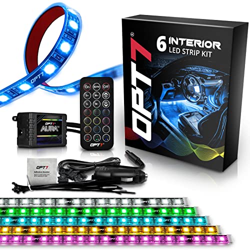 OPT7 Aura Interior Car Lights 6pc with Remote Control, Color Change, Music Sync Inside Ambient Lighting Kit, Car Truck LED Lights Under Dash Accessories, Charger Adapter 12V, 6pc Single Row LED Strip - size: 6pc Single Row