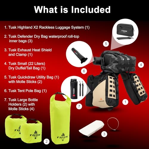 TUSK Highland X2 Rackless Luggage System w/Small Dry Duffel/Large Bottle Holders Standard Heat Shield Black/Tan - color: Black/Tan, size: Small Dry Duffel/Large Bottle Holders, style: Standard Heat Shield