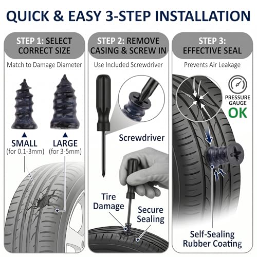 100 PCS Tire Repair Screw Kit, Self-Tapping Tire Plug Rubber Nail Set with Screwdriver, Fast Emergency Tire Repair Plugs for Car, Motorcycle, Truck, Tractor Puncture Fix (2 Sizes)