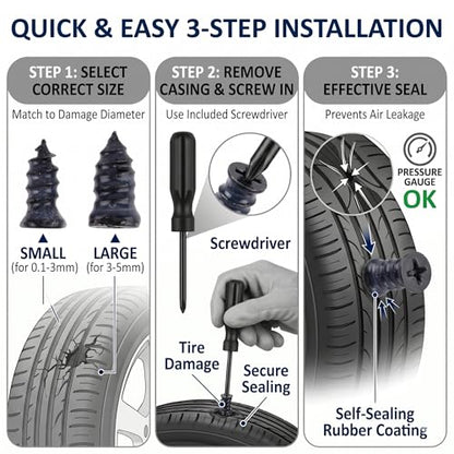 100 PCS Tire Repair Screw Kit, Self-Tapping Tire Plug Rubber Nail Set with Screwdriver, Fast Emergency Tire Repair Plugs for Car, Motorcycle, Truck, Tractor Puncture Fix (2 Sizes)