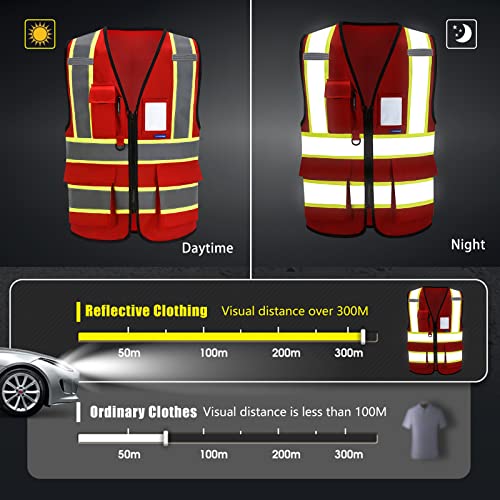 AYKRM Security Vest for Men Women 7 Pockets High Visibility Reflective Safety Vest Front Zipper Meets ANSI/ISEA - color: Red-ems, size: 8X-Large