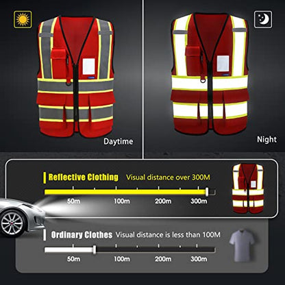 AYKRM Security Vest for Men Women 7 Pockets High Visibility Reflective Safety Vest Front Zipper Meets ANSI/ISEA - color: Red-ems, size: 8X-Large