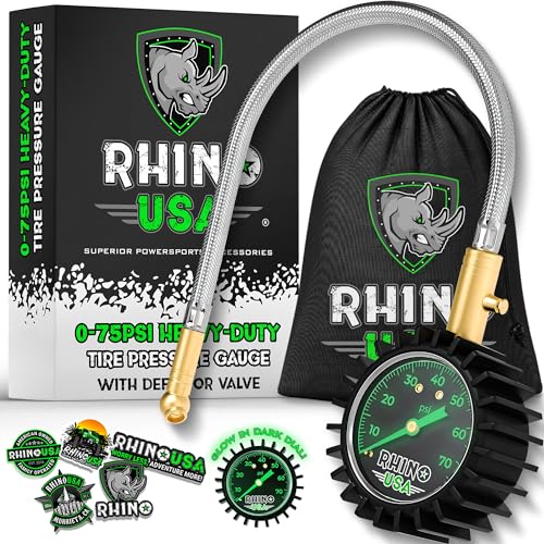 Rhino USA Heavy Duty Tire Pressure Gauge (0-75 PSI) - Certified ANSI B40.1 Accurate, Large 2" Easy Read Glow Dial, Premium Braided Hose, Solid Brass Hardware, Best for Any Car, Truck, Motorcycle, RV - size: 75 PSI Compact