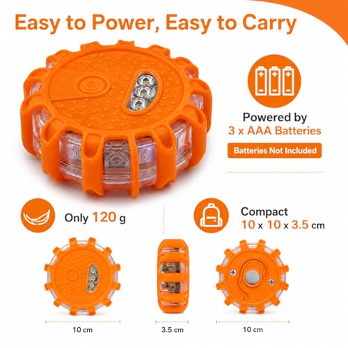 Huyumpxy LED Road Flares Emergency Lights, 9 Flashing Modes Roadside Safety Warning Light with Magnetic Base & Built-in Hook, Battery Powered Safety Beacon for Car, Truck, Motorcycle, Camping, 1 Pack
