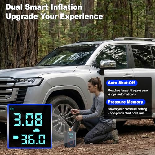 Tire Inflator Portable Air Compressor Heavy Duty 150PSI Faster Inflation Power Bank with Digital Gauge Pre-Set Auto Shut-Off LED flashing Lights Cordless Air Pump for Car Motorcycle, Bike, Balls