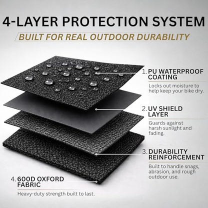 600D Heavy Duty Motorcycle Cover Waterproof Outdoor for Sport & Naked Motorcycles, All-Season Weatherproof Protection with Air Vents, Wheel Lock Slots, Exhaust Heat Shield & Reflective Strips - size: Large (90X35X52)
