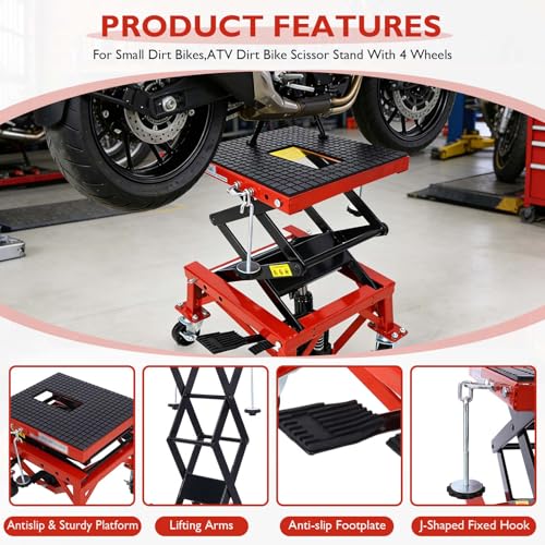 Hydraulic Motorcycle Lift Table, 350 lbs Capacity Scissor Jack Lift with Wide Deck, J-Hooks, 4 Wheels, Foot-Operated Jack Stand for ATV Dirt Bikes (Red) - color: Red