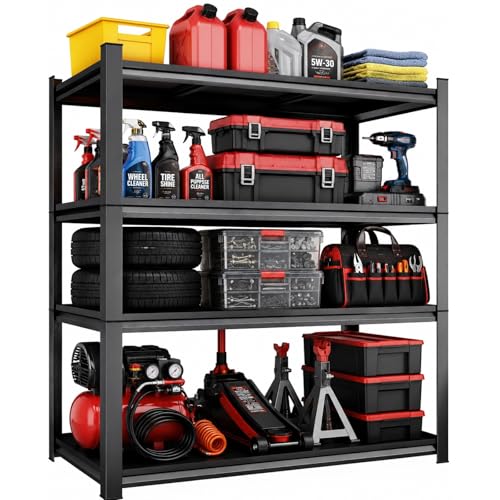4-Tier Garage Shelving, 39.4"W × 17.7"D × 63"H, Adjustable Storage Shelf | Heavy-Duty Steel Construction with Industrial Finish for Organizing, Workshop, Basement, Warehouse, Storage Shelves Rack - size: 4 Tier | 63" H x 39" W x 18" D