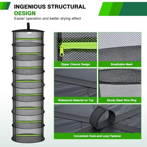 Yesker 8 Layer Herb Drying Rack Hanging Mesh Foldable Plant Drying Racks 24" w Green Zipper Pruning Shears Gloves Dryer Hanging Rack for Herbs Seed Bud Fruit Clothes Grow Tent Closets Garden Outdoor - size: 8 Layers Fluorescent Green & Black