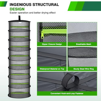 Yesker 8 Layer Herb Drying Rack Hanging Mesh Foldable Plant Drying Racks 24" w Green Zipper Pruning Shears Gloves Dryer Hanging Rack for Herbs Seed Bud Fruit Clothes Grow Tent Closets Garden Outdoor - size: 8 Layers Fluorescent Green & Black