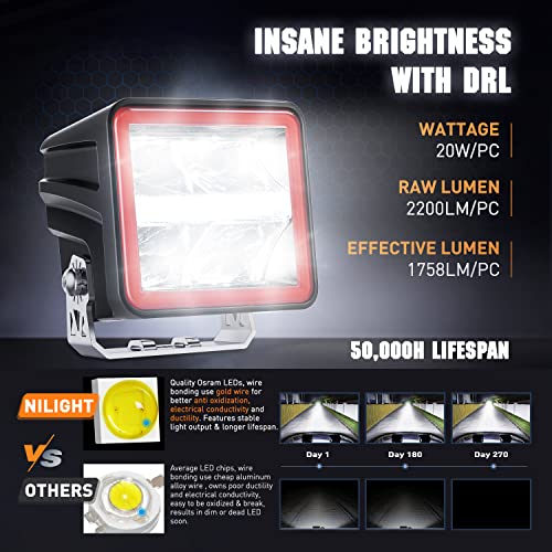 Nilight 3 Inch Cube LED Pod Light Bar with DRL 20 W 2200LM 10° Super Spot Offroad Driving Lights w/ 16AWG Wiring Harness Kit for Jeep Truck UTV 4x4 ATV - color: Indirect 4LED Spot Pod w/white DRL