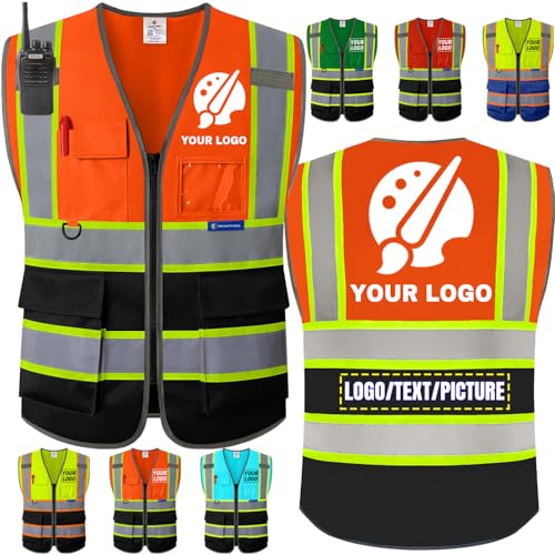 BeautyWill Personalized Team Vest: Class 2 Hi-Vis Safety Vest for Men | Custom Logo & 5 Reflective Pockets - color: 003-orangeblack-knit-1pcs, size: Small