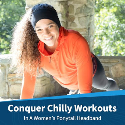 TrailHeads Womens Ponytail Headband - Moisture Wicking Hair Headband for Running, Winter, Workout - Athletic Headband Women - color: black