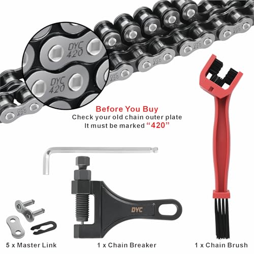 DYC 420 Chain 132 Links Cut-to-Fit w/Master Link + Chain Breaker Tool & Chain Brush for Mini Bike, Pit Bike, Dirt Bike, ATV & Go Kart (Coleman, Baja, SSR, TaoTao, Coolster, Apollo, Kazuma) - size: 420-132L