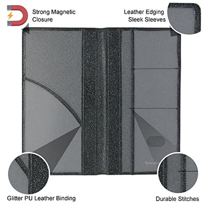 Car Registration and Insurance Holder, 2 Pack Glitter Leather Vehicle Glove Box Organizer with Magnetic Shut for Document, Cards, Driver License, Black and Silver Bundle