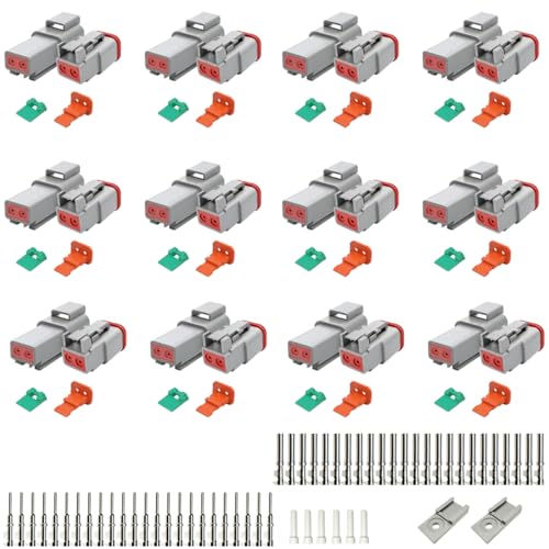 104PCS 2 Pin Way Deutsch DT Gray Connector 12 Set,Size 16 Stamped Contacts 14-20AWG Waterproof Electrical Wire Connector with Seal Plug for Truck, Off-Road Vehicles, Marine, Motorcycle Wiring - size: 2 Pin (12set)