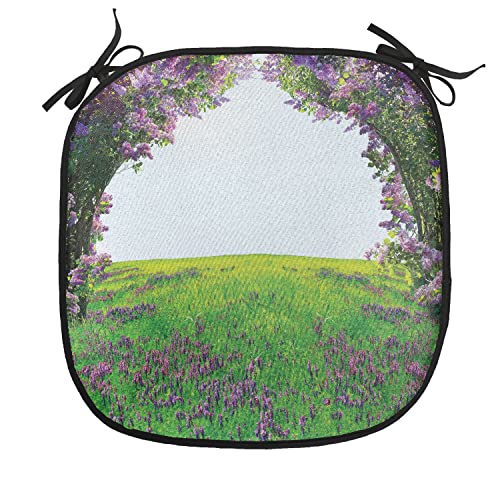 Lunarable Magic Chair Cushion Pad, Lavender Meadow with Lilac Flowers Tunnel Dreamy Inspirational Habitat Landscape, Seat Padding for Kitchen & Patio with Anti-Slip Backing, 16"x16", Lilac Green - color: Lilac Green, size: Pack of 1