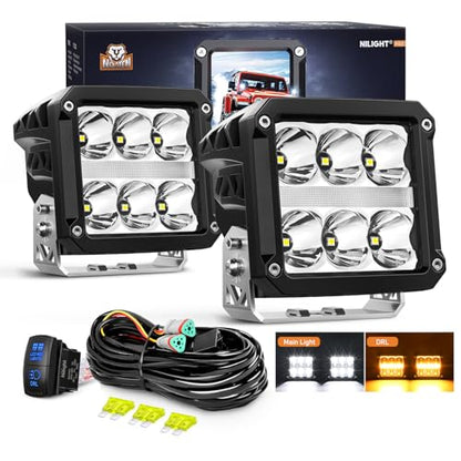 Nilight LED Pod Lights with Amber DRL 4 Inch 60 W Square 6487 LM Super Spot Light w/ 16 AWG Wiring Harness Kit for Auxiliary Offroad Driving LED Work Lights for Truck UTV ATV SUV 4x4 Jeep - color: 6LED Spot Pod w/ Amber DRL