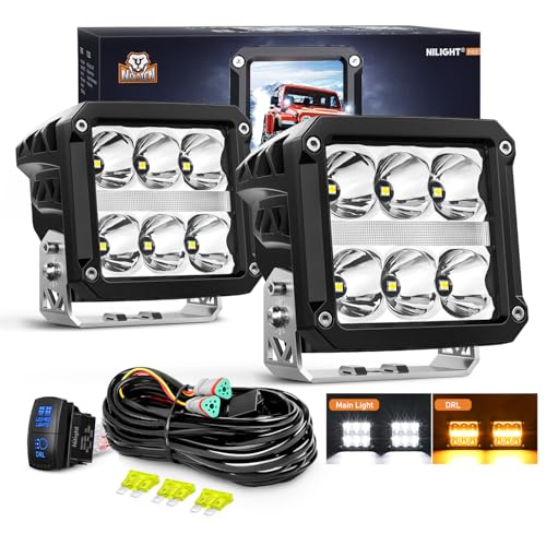 Nilight LED Pod Lights with Amber DRL 4 Inch 60 W Square 6487 LM Super Spot Light w/ 16 AWG Wiring Harness Kit for Auxiliary Offroad Driving LED Work Lights for Truck UTV ATV SUV 4x4 Jeep - color: 6LED Spot Pod w/ Amber DRL