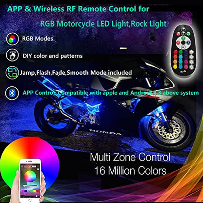 12PC RGB Motorcycle LED Light Kit DC 12V Waterproof Flexible Neon Accent Glow Strip Underglow Light APP Wireless RF Remote Control for Motoycle Scootor SUV Car Golf Cart ATV