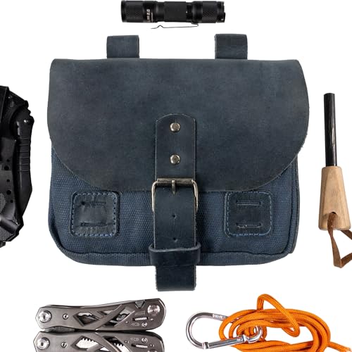 Hide & Drink, Survival Camping Pouch, Belt Loop, Rustic and Handy Tool Bag, Weather Resistant Outdoor Accessories, Traveling Essentials, Waxed Canvas, Handmade - color: Blue Mar
