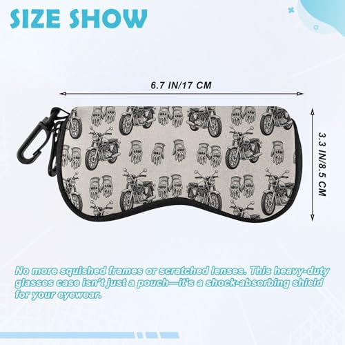 Motorcycle Gloves Beige Print Glasses Case Soft Sunglasses Pouch with Zipper Carabiner Clip, Portable Eyeglass Holder for Men Women, Fits Most Eyewear, Scratch-Resistant (6.7x3.3in)