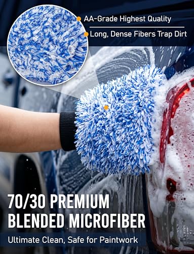 TAKAVU Car Wash Mitt Scratch Free, 2 Pack Microfiber Wash Mitts for Auto Detailing, Soft Lint Free Cleaning Gloves, Holds Sudsy Water, Machine Washable (Blue) - color: Blue & White