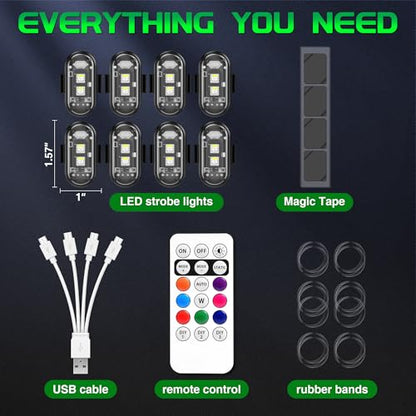 Wireless RGB LED Aircraft Strobe Lights with Remote Control, 8 Colors 10 Flash Modes USB Charging Anti-Collision Lights Waterproof Emergency Warning Light for Drone Car Motorcycle Bike 8 Pcs - color: 8Pcs