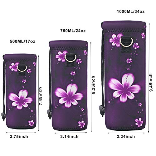 RICHEN Neoprene Water Bottle Carrier Bag with Adjustable Shoulder Strap,Insulated Water Bottle Cover for Stainless Steel/Glass/Plastic Bottles - color: Purple Flowers, size: 750ml