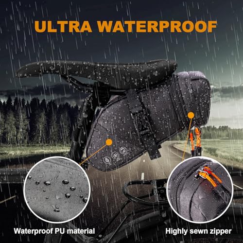 NDakter Bike Seat Bag, Expandable Bicycle Saddle Bag Under Seat, Waterproof Reflective Cycling Seat Pouch for Mountain Road Commuter & Ebikes, 1.5-2L Bike Tool Storage Pack
