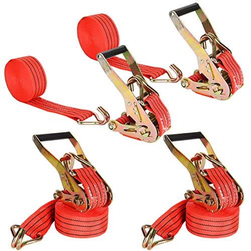 4 Pack Ratchet Tie Down Straps, 2 Inch x 20 Feet, 10,000 lbs Break Strength, Heavy Duty Cargo Lashing Straps with Double J Hooks for Trailer, Truck, and Farm Equipment, Red - color: Red, size: 4 pack 2 inch x 20 ft