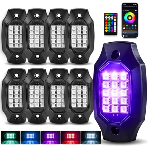 8 Pods RGB LED Rock Lights High Brights IP67 Waterproof with APP/RF Remote Control Underglow Multicolor Zone Neon Exterior Rock Lights for 12V Trucks Jeep Offroad Pickup SUV UTV ATV RZR - size: 8 PODS