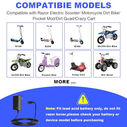 24V Electric Scooter Razor Charger for Razor MX350 Dirt Bike MX400 Dirt Rocket PR200, E100 E200 E300 E500 Quad Pocket Mod Sports Mod Motorcycle 24V 2000mA Charger