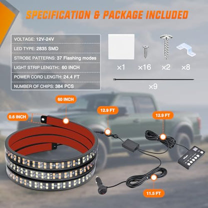 Nilight 60 Inch Emergency Strobe Light Strips with Controller, 384LED Flashing Warning Hazard Safety for Rear Window Tailgate on Truck Trailer Construction Plow Pickup Tow SUV Vehicles, Amber White - color: 60" Tailgte Strobe w/ Controller Amber White