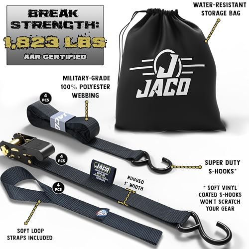 JACO Ratchet Tie Down Straps - 1 inch x 15 ft (Pack of 4) | 1,823 lbs (Black) - color: Black