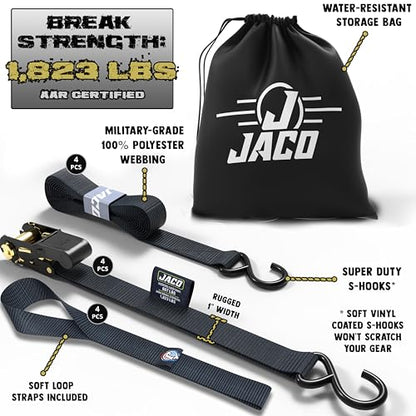JACO Ratchet Tie Down Straps - 1 inch x 15 ft (Pack of 4) | 1,823 lbs (Black) - color: Black